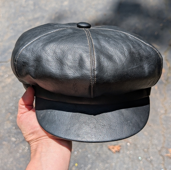 Vintage Other - Vtg 70s Black Leather Newsboy Cap Hat by United Hatters Union Size Large